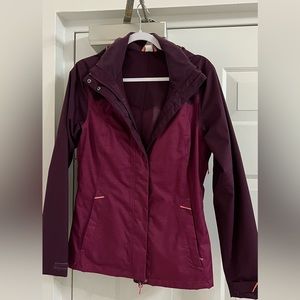 Waterproof jacket, lovely color, almost new. I used it twice. Lightweight
